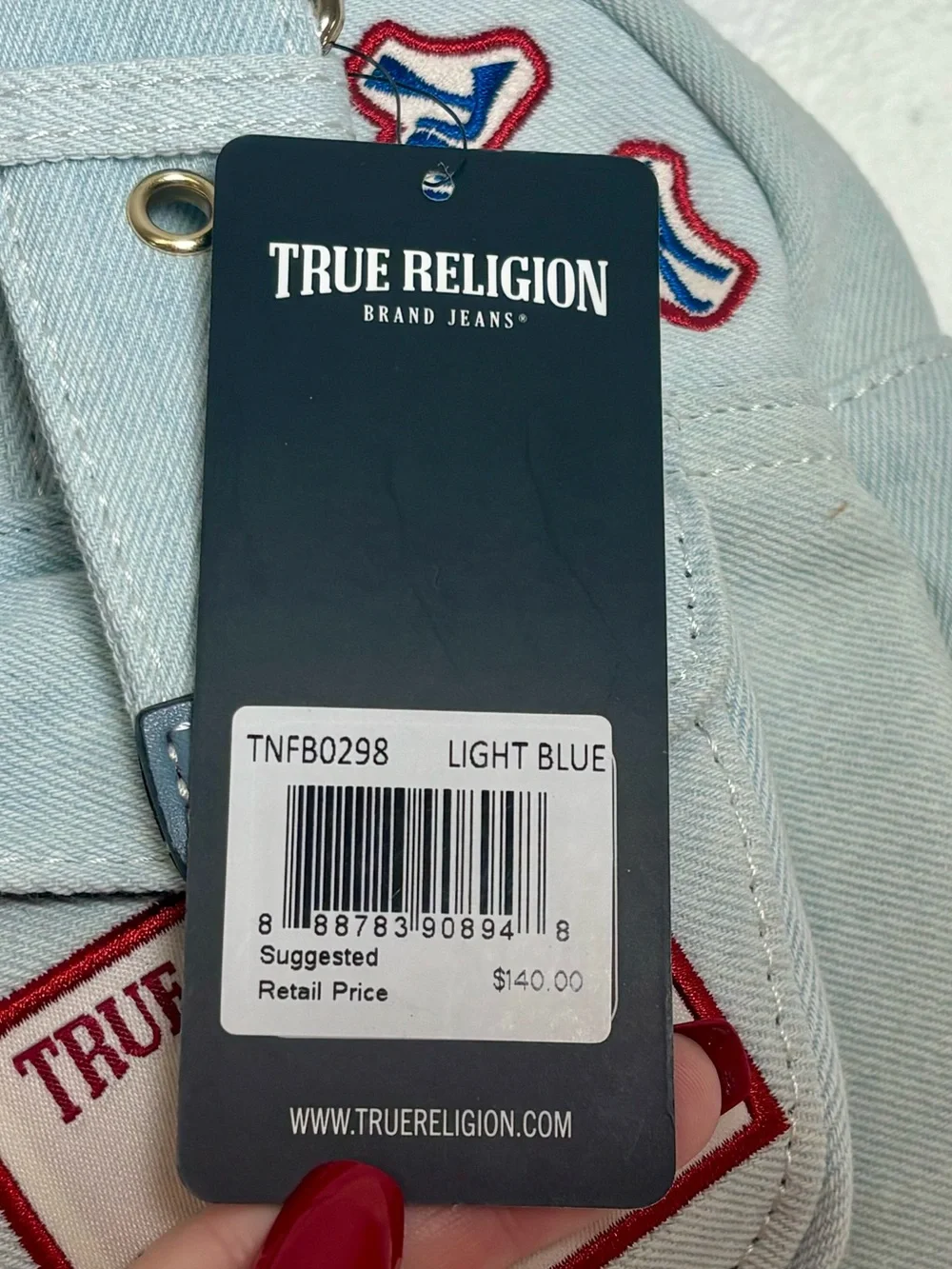 True Religion Light Blue Wash Patchwork Embroidered Satchel Handbag
